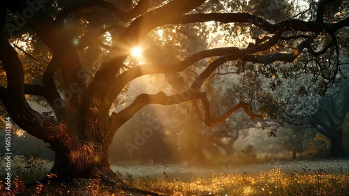 Magical Sunrise: Enchanting Oak Tree in Golden Light