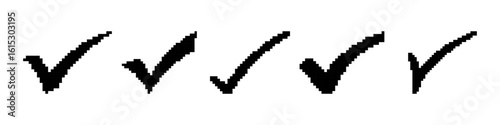 Check mark pixel icons set. Quality and approval check symbol collection. Pixel art.