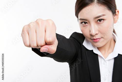 Young beautiful business woman with fist raised