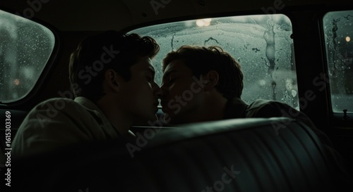 Intimate encounter, two young men share a tender kiss amidst the somber backdrop of a rainy car