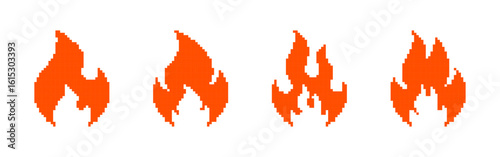Fire pixel icons set. Flame, bonfire symbol collection. Pixel art.