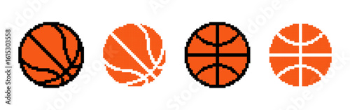 Basketball pixel icons set. Rubber ball symbol collection. Pixel art.