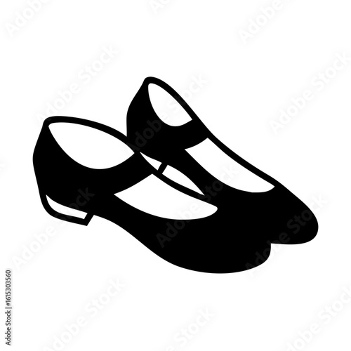 Black silhouette of Mary Jane shoes-Minimalist black silhouette illustration of a pair of Mary Jane shoes, symbolizing vintage style, casual fashion, and classic footwear.