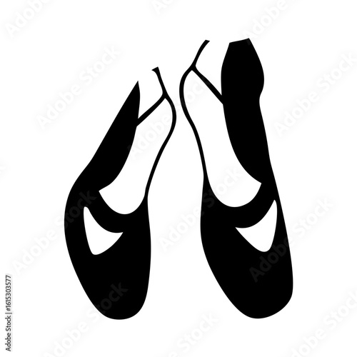 Black silhouette of ballet shoes icon-Minimalist black silhouette illustration of ballet pointe shoes with ribbons, representing dance, performance, and classical artistic expression.