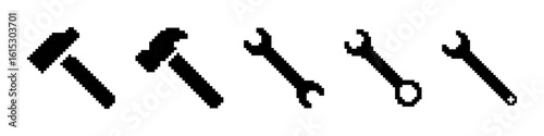 Tools pixel icons set. Wrench and hammer symbol collection. Pixel art.