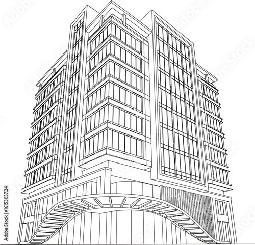 Architectural sketch of a modern building with a unique organic and flowing facade design