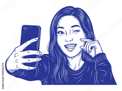 A cheerful young woman taking a selfie, winking and smiling broadly, holding her phone.