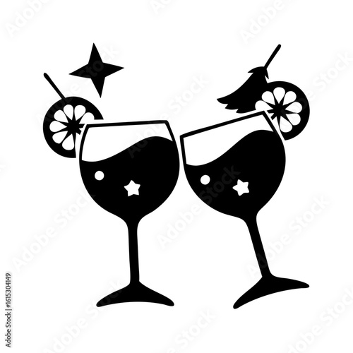 Clinking Wine Glass Silhouettes with Citrus Garnish-Black and white silhouettes of two wine glasses with citrus garnishes and straws, tilted together in a celebratory toast.