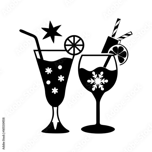 -Black and white silhouettes of two festive cocktail glasses decorated with citrus slices, straws, and ice, symbolizing refreshing party drinks.