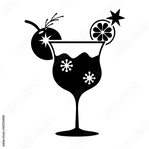 Tropical Cocktail Silhouette with Fruit Garnish-Black and white silhouette of a cocktail glass with ice, citrus slice, cherry, and star decoration, representing a festive tropical drink.