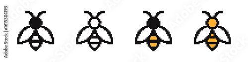 Honey bee pixel icons set. Bee symbol collection. Pixel art.
