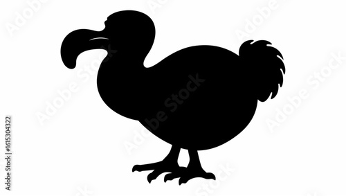 Silhouette depiction of a dodo bird standing with its distinctive beak and plumage on a white background