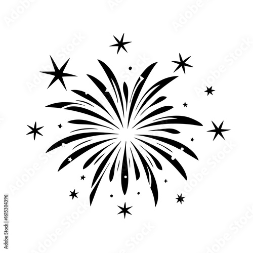 Firework explosion icon-Black and white illustration of a bursting firework with radiating lines and scattered stars, symbolizing celebration and festivity.