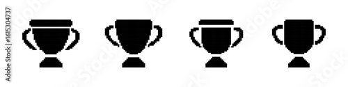 Trophy pixel icons set. Winner prize success achievement reward symbol collection. Pixel art.