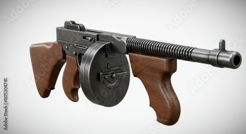 Vintage submachine gun with a drum magazine showcasing intricate design and details