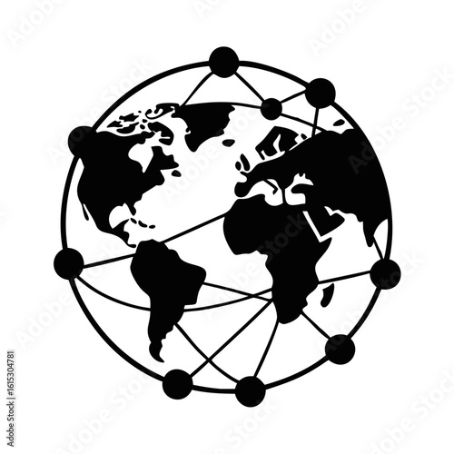 Global network connections icon-Black and white vector illustration of a globe with continents, surrounded and interconnected by nodes, symbolizing worldwide communication, technology, and global dat