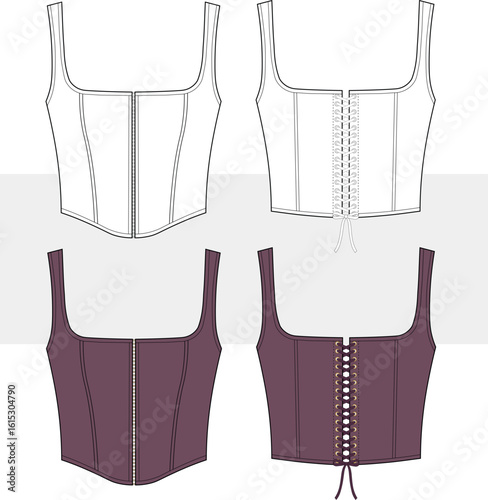 Back Lace up Corset technical fashion Illustration. Crop Top fashion flat technical drawing template, lace-up, slim fit, front and back view. Bustier CAD, mockup.