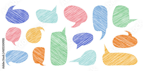 Speech bubble set, scribble text boxes with hatching, school decorative design element and stickers, talk and thoughts backgrounds. Vector illustration.