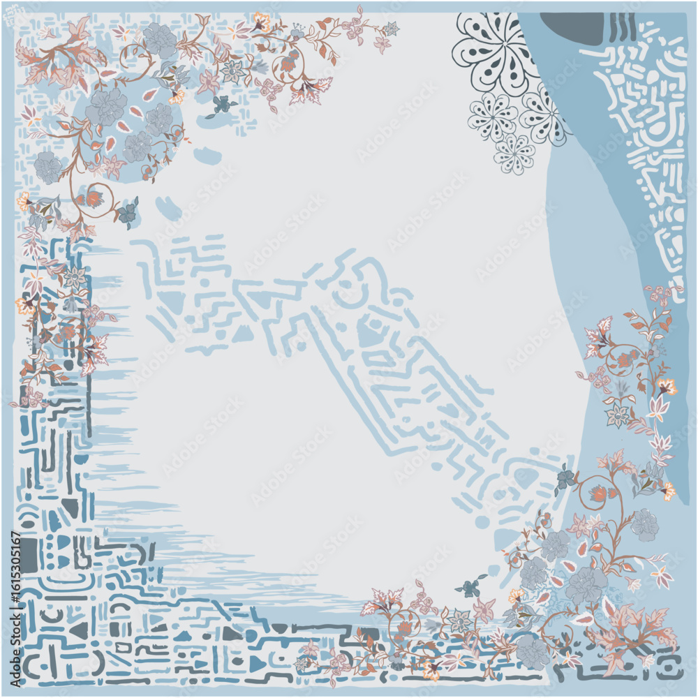 Obraz premium Abstract Blue Floral Tech Scarf Modern Inspired Shapes and Fluid Lines with Subtle Botanical Accents on a Light Blue Background