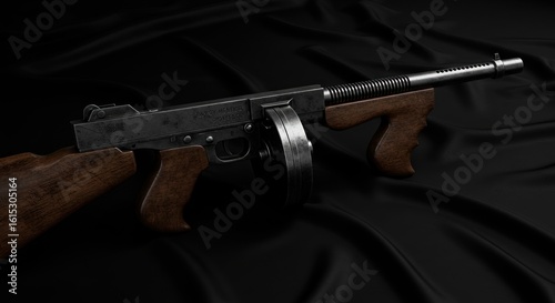 Vintage tommy gun firearm on a dark draped fabric backdrop evoking historical conflict