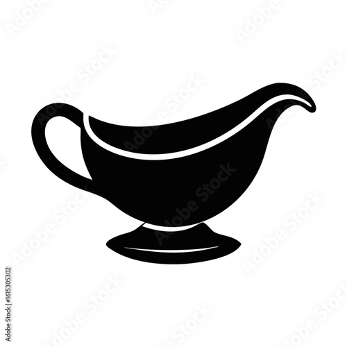 Gravy Boat Silhouette Icon-Black and white silhouette illustration of a gravy boat, commonly used for serving sauces, gravies, or dressings at meals.