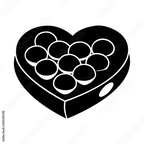 Heart Shaped Box of Chocolates Silhouette-Black and white silhouette of a heart-shaped box filled with round chocolates, representing love, romance, and special occasion gifting.