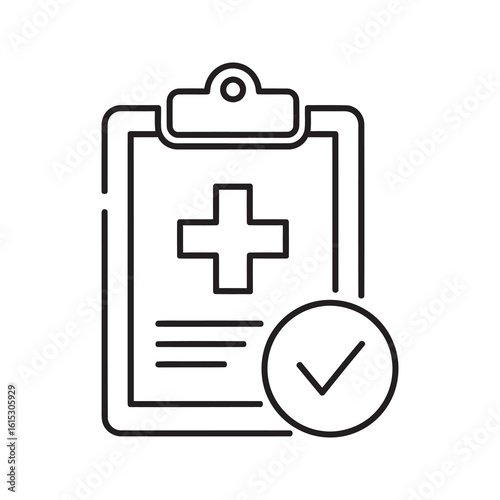 Medical approval icon with a clipboard plus sign and checkmark for health insurance claim validation and verified patient care document line vector stroke