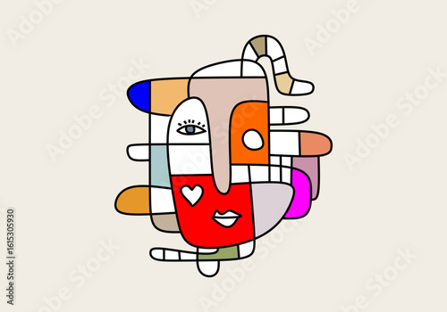 A modern cubist portrait with asymmetrical eyes, sharp lines, and vibrant color blocks. 