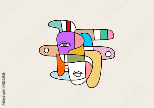 A modern cubist portrait with asymmetrical eyes, sharp lines, and vibrant color blocks. 