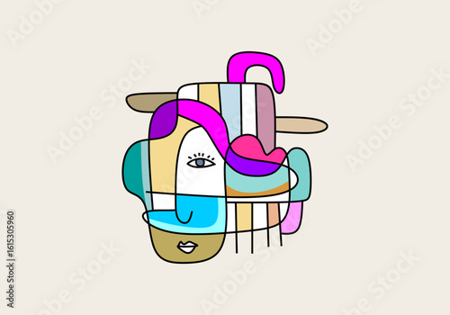 A modern cubist portrait with asymmetrical eyes, sharp lines, and vibrant color blocks. 