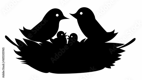 Silhouette of two adult birds and two baby birds in a nest made of twigs and leaves on a white background