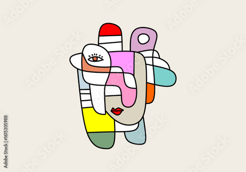 A modern cubist portrait with asymmetrical eyes, sharp lines, and vibrant color blocks. 