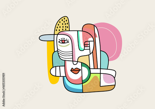A modern cubist portrait with asymmetrical eyes, sharp lines, and vibrant color blocks. 