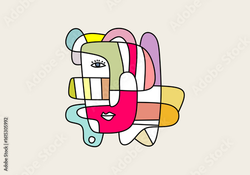 A modern cubist portrait with asymmetrical eyes, sharp lines, and vibrant color blocks. 