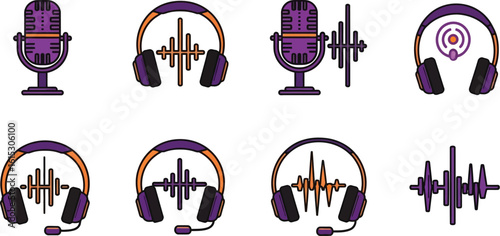 Podcast equipment vector illustration microphone headphones audio waves sound recording studio tools