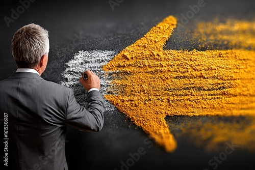 Changing business management concept. Businessman erasing white arrow and drawing yellow arrow on chalkboard. High quality