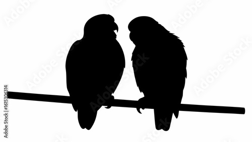 Two parrots perched closely together on a branch in silhouette against a white background in a simple image