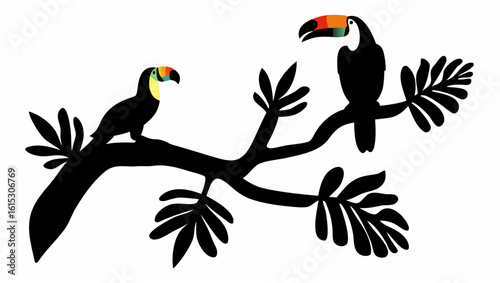 Two toucans perched on a stylized black branch with leaves against a white background in silhouette style