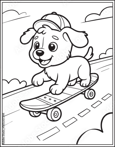 Funny dog playing with skateboard on road black vector outline illustration for children coloring page or book design 
