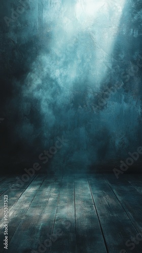 Dramatic Grunge Room Interior with Wooden Floor and Fog