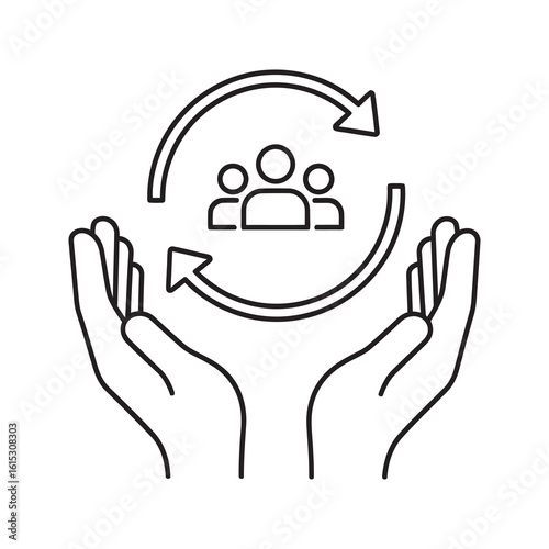 Customer retention icon with hands protecting a circular arrow with people representing user lifecycle management and client care strategy line vector stroke