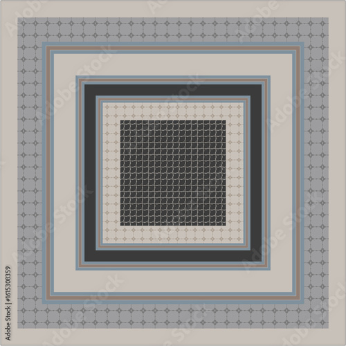 Minimalist geometric grid pattern with layered square shapes in soft blue and cream tones for scarf and textile fashion design