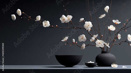 Dark moody still life with delicate blossoms