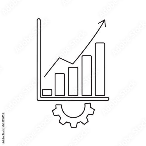 Performance growth icon with an ascending bar chart and a gear representing business development process improvement and productivity increase line vector stroke