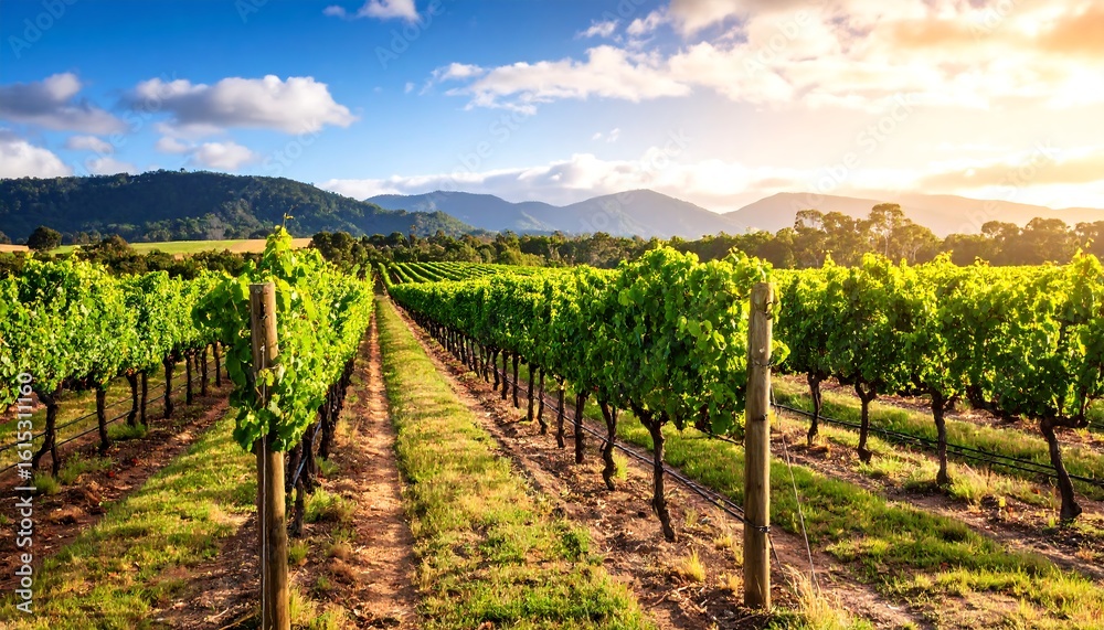 Fototapeta premium Picturesque vineyard landscape at sunrise, rows of grapevines against idyllic valley