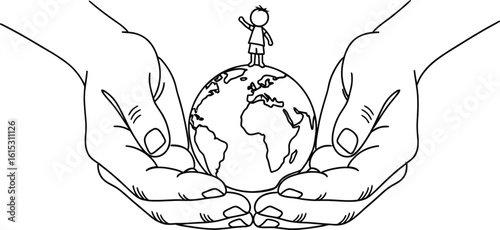 Save the world earth day illustration hands holding globe with child on top drawing