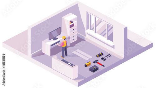 Isometric view of a worker assembling furniture in a room with tools and a window present nearby
