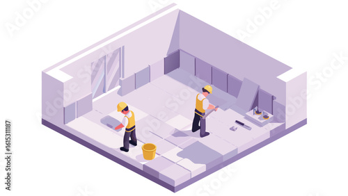 Isometric view of two construction workers laying tiles in an indoor room with tools and bucket present