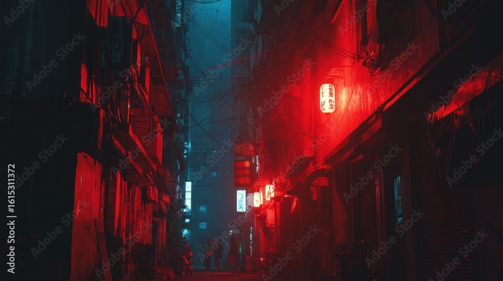Naklejka premium Neon-lit alleyway at night
