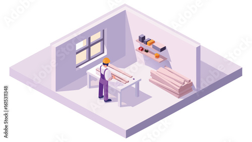 Isometric view of a carpenter working with wood in a room with shelves and a window scene